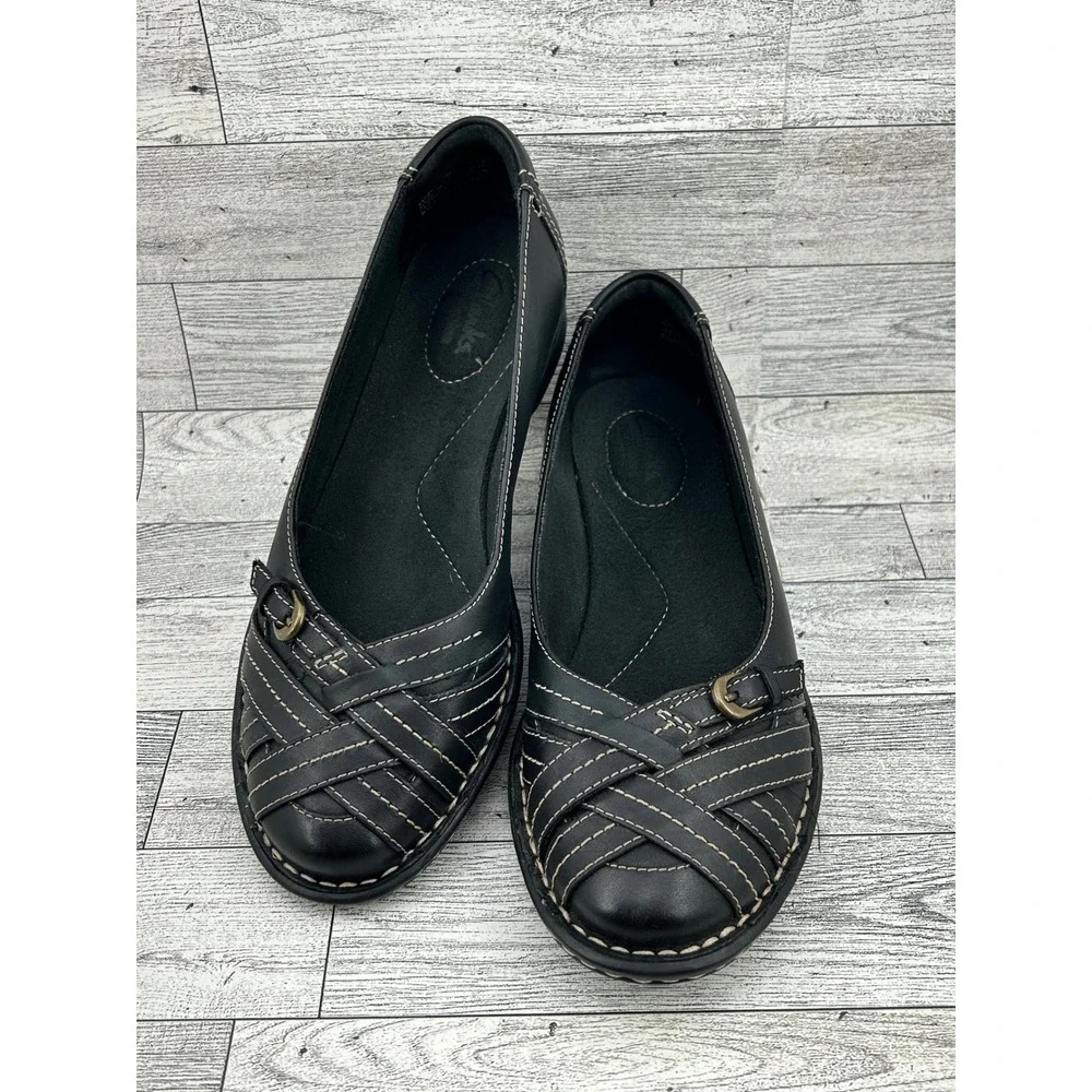 Clarks Bendables Black Leather Woven Buckle Loafers Shoes 65085 Women 7M